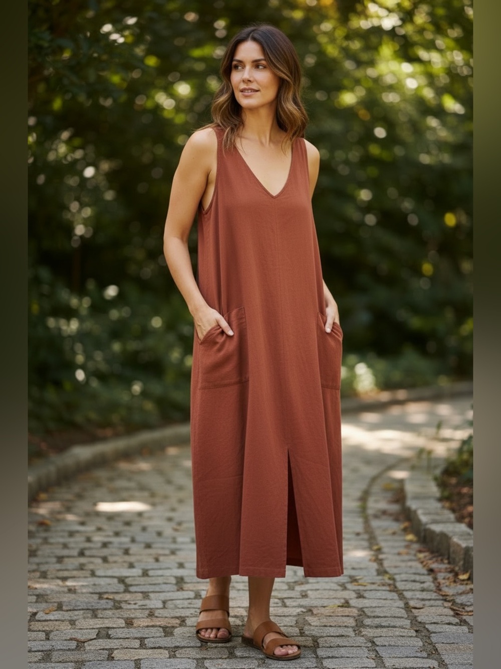 Old Navy Linen Blend Sleeveless V-Neck Maxi Dress in Rust NWT